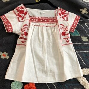 Madewell white linen top with red embroidery sz XS